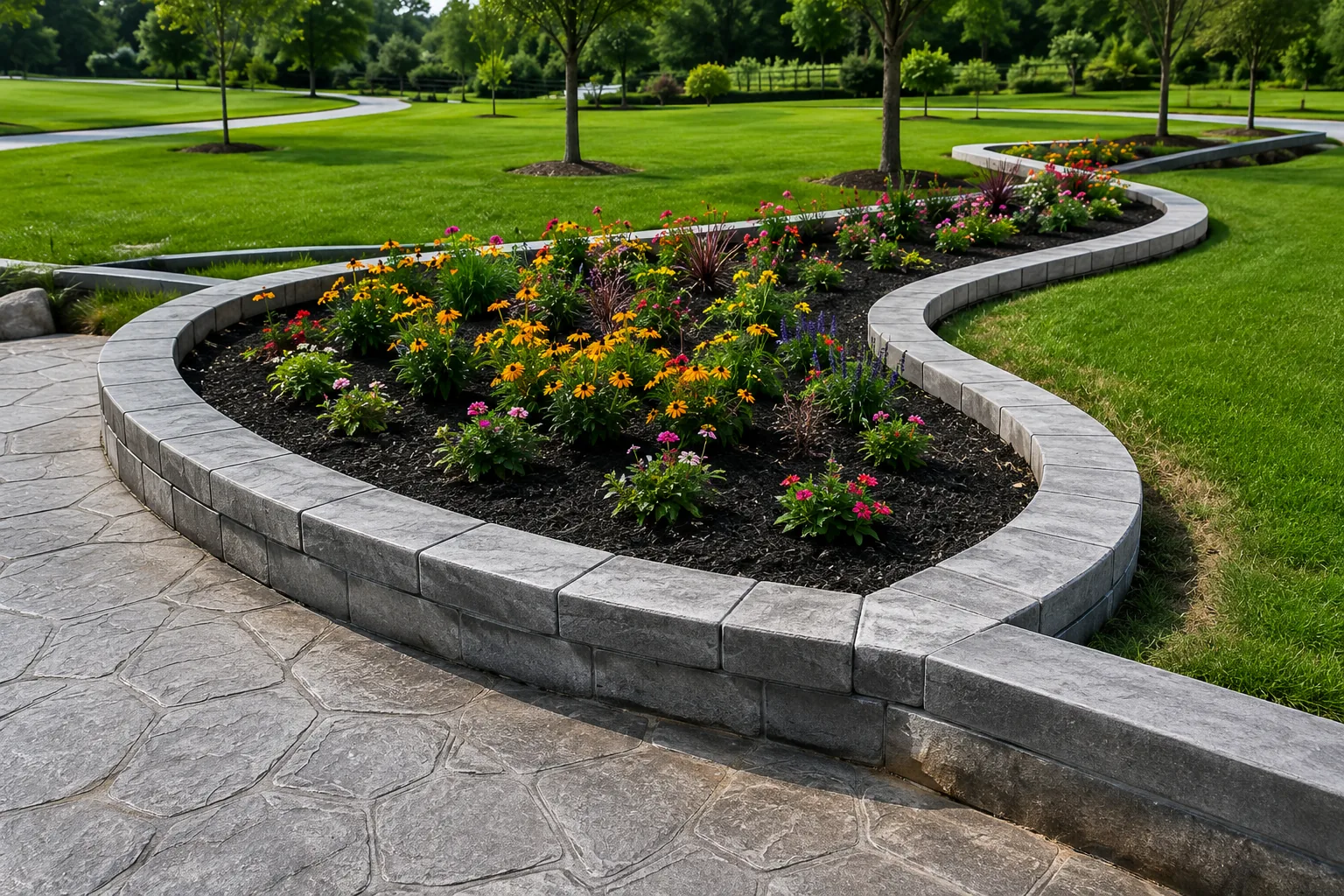 Concrete retaining wall and landscape edge